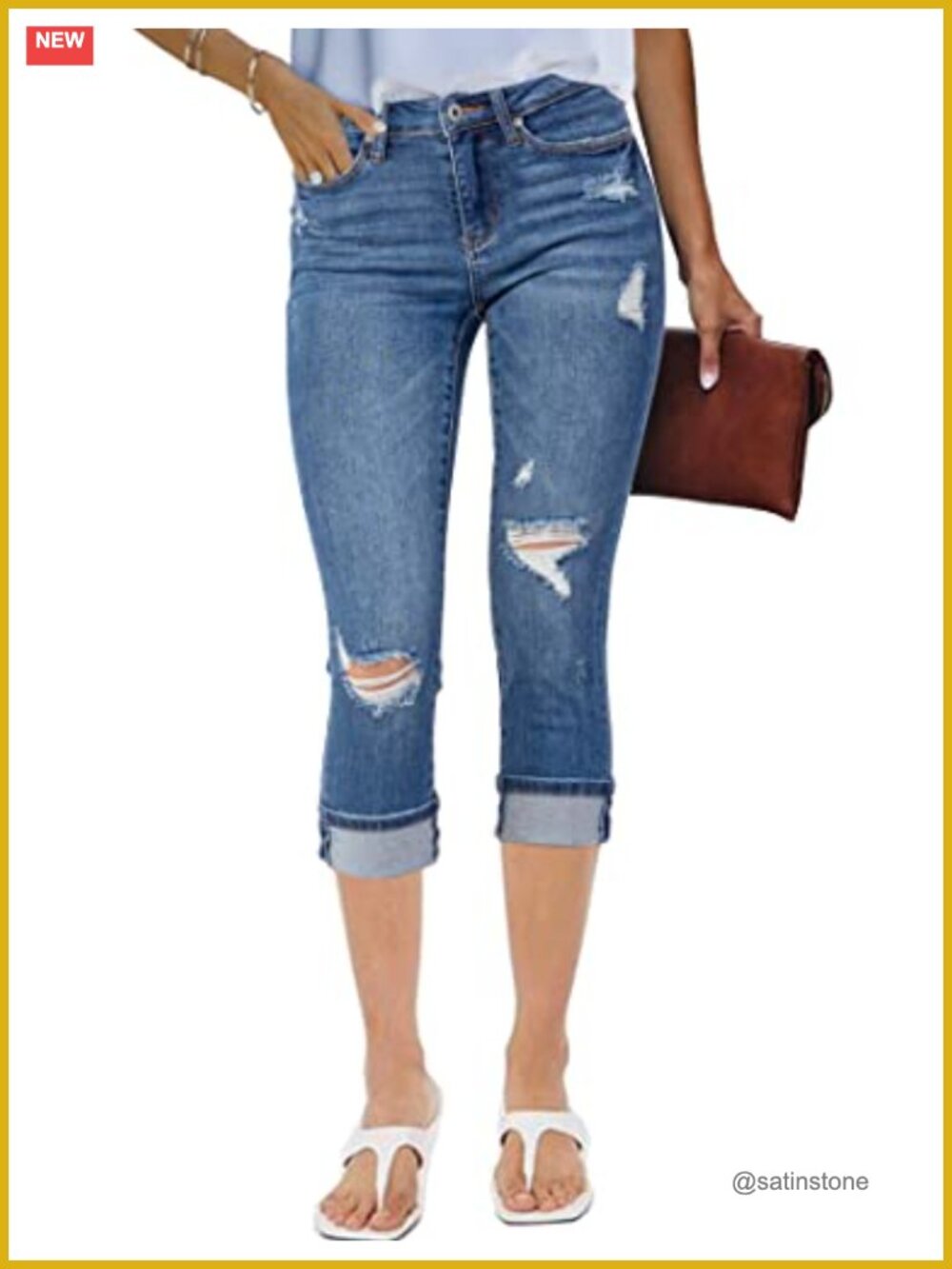 High Waisted Distressed Capri Jeans Stretch Ripped Skinny Cropped Pants